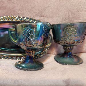 Vintage Carnival Blue Glass Sugar, Creamer, and Tray set.